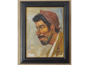 Mid-Century Oil On Canvas, Portrait Of A Man In Red Cap, Signed Jose Rodriguez