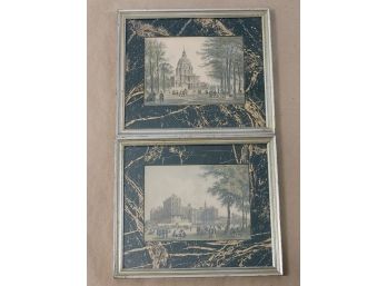 Hand Colored European Engravings With Marbleized Mats And Metallic Tone Frames (2)