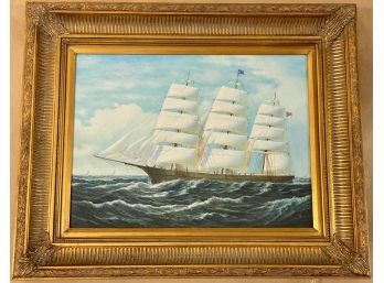 Oil On Canvas, 3-Masted Sailboat, Unsigned, Gilt Frame