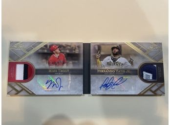 2021 Topps Tier One Dual Auto Relic Book Card Mike Trout Fernando Tatis Jr. Gold #4 Of 10
