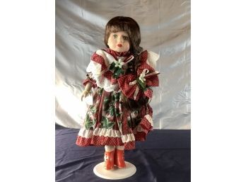Brass Key Porcelain Doll In Strawberry Print Dress  (#23)