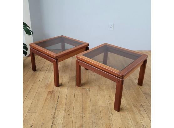 Pair Danish Solid Teak With Floating Smoked Glass Top Side Tables
