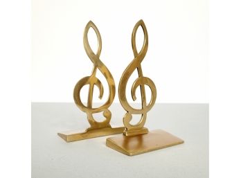 Pair 70s Solid Brass Musical Note G Clef Book Ends