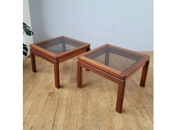 Pair Danish Solid Teak With Floating Smoked Glass Top Side Tables