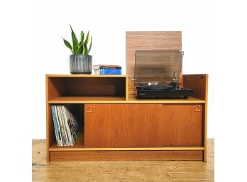 Late 70s Vintage Danish Teak Turntable And Record Storage Cabinet