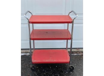 Vintage Chrome & Red Metal Rolling Cart