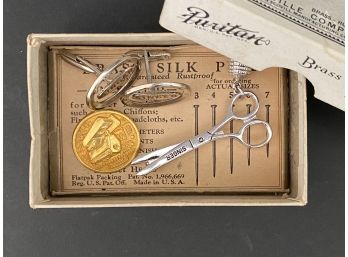 Singer Pins &  Cuff Links In A Vintage Puritan Silk Pins Box