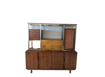 Rare Mid Century Modern Wood/metal Credenza With Floral Asian Design And Rattan Cabinet
