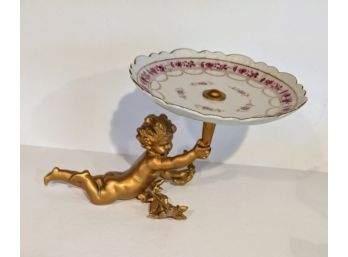 French Antique Cherub With Gilt Finish Holding Antique Porcelain Floral Plate