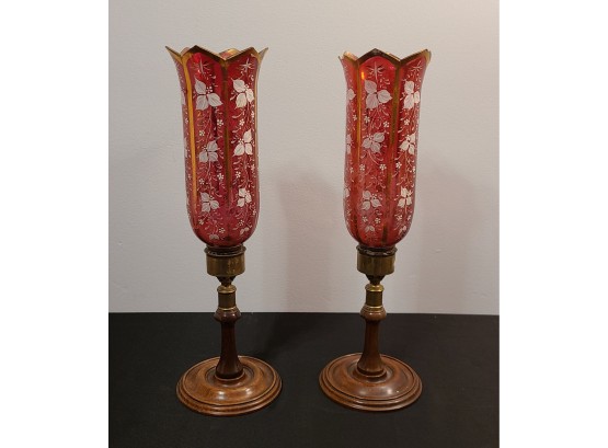 Vintage Cranberry Glass Hurricane Shade In Brass/wooden Candlestick Base, 1 Has A Chip