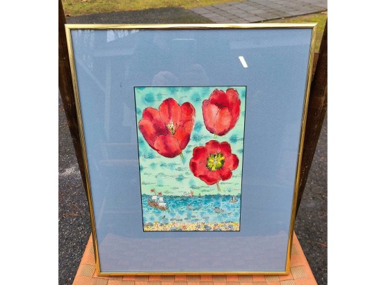 Tulips Over High Seas, Signed Watercolor, Professionally Framed, Beautiful Piece