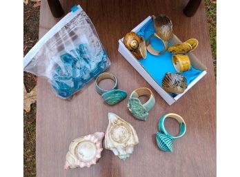 Beach Lot, 7 Ceramic Napkin Rings, 2 Ceramic Tealight Holders, Bag Of Acrylic Decorative Stones