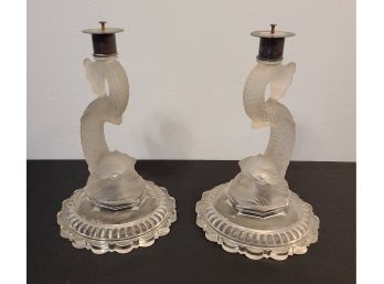 Pair Of Vintage Baccarat Crystal Dolphin Candlestick Bases, Missing Tops, See Pics