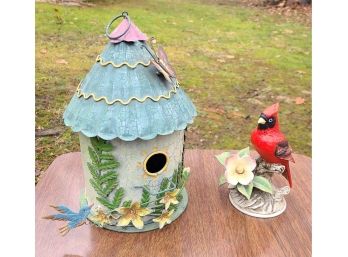 Tin Birdhouse And Porcelain Bird By Andrea