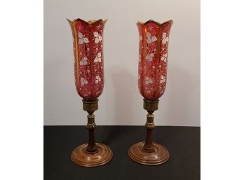 Vintage Cranberry Glass Hurricane Shade In Brass/wooden Candlestick Base, 1 Has A Chip
