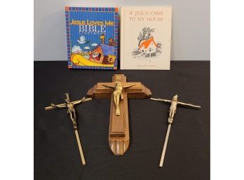 3 Crosses And 2 Books, Wooden Cross Can Slide Open Has Storage Inside