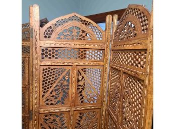 4 Panel Carved Wood Screen, Great Condition, Heavy, Solid