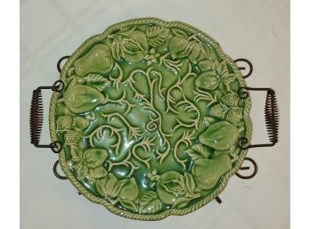 Decorative Green Plate In A Metal Holder, 1 End Rotates To Take Plate Out, No Chips