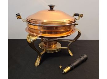 Vintage Copper And Brass Bakelite Chafing Dish W Wooden Handle, NEW, 2.5 Qt