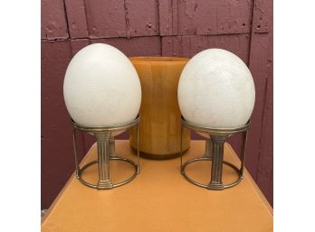 2 Decorative Ostrich Egg Shells On Brass Stands And A Vase
