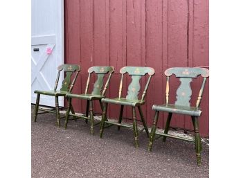 Set Of Four 19th C Original Painted Pennsylvania Dutch Plank Bottom Chairs