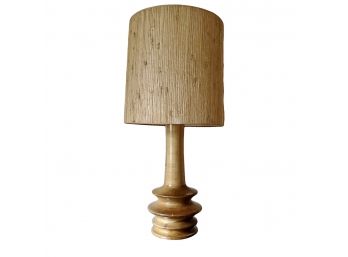 A Turned Light Wood Mid Century Table Lamp With Original Shade -
