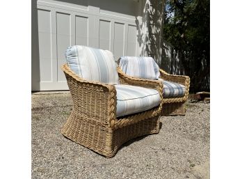 A Pair Of Vintage Skirted Wicker Chairs With Cushions