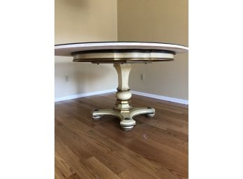 An Walnut Table With Pedestal Base - Larger Round, Plexiglass And Table Cloth