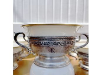 Gold Rim Lenox Soup Cups And Sterling Silver Handled Holders - 12