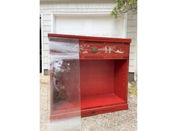 A Red Chinoiserie Expandable Rolling Bar With Glass Shelf - Wonderful Piece!