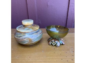 A Lidded Jaspar Carved Box And A Small Footed Glass Dish