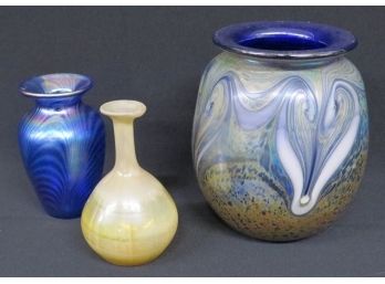 Trio Of Colorful Art Glass Vases - Including Stephen Fellerman And Roger Vines Studio - Mt. St. Helens Ash!!