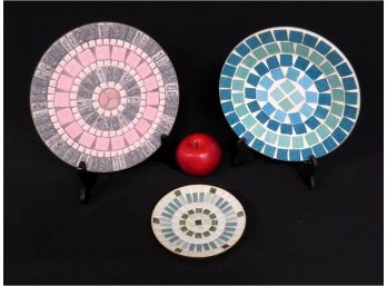 Trio Of Mid Century Inlaid Craft Tile Plates/dishes In Pinks, Turquoises, Grays And Blues