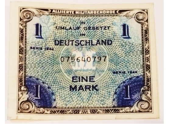1944 WWII Allied Military Currency German 1 Mark Banknote