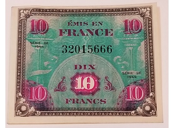 1944 Emis En France Allied Military Currency 10 Francs Banknote