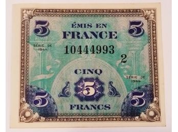 1944 Emis En France Allied Military Currency 5 Francs Banknote