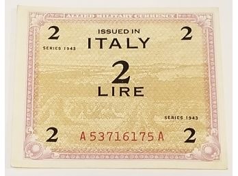 1943 Allied Military Currency 2 Lire Banknote