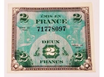 1944 Emis En France Allied Military Currency 2 Francs Banknote