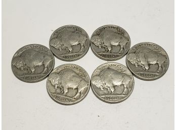 Six United States Indian Head / Buffalo Nickels - 1927, 1928, 1929, 1936, 1937 - Ungraded