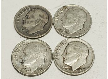 Four United States Roosevelt Silver Dimes - 1948, 1949, 1956, 1964