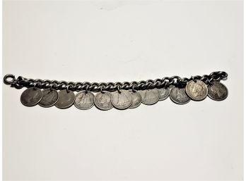 Vintage Sterling Silver Charm Bracelet With Twelve 1940s & 1950s Canadian Dime 10 Cent Coins