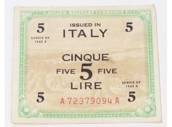 1943 Allied Military Currency Italy 5 Lire Banknote