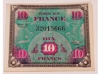 1944 Emis En France Allied Military Currency 10 Francs Banknote