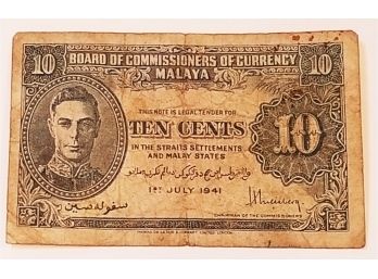 1941 Malaya British Administration King George VI 10 Cents Banknote