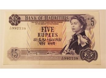 1967 Mauritius 5 Rupees Banknote