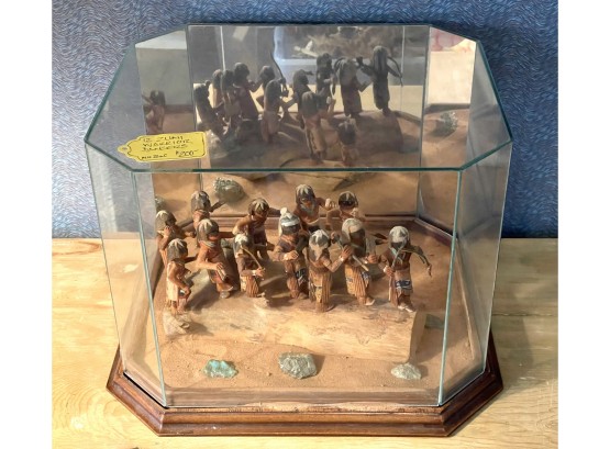 Vintage Hand Carved & Painted Zuni Warriors In Glass Case W/ Wooden Base