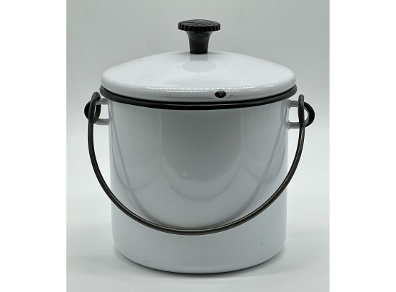 White Enameled Metal Pot With Lid