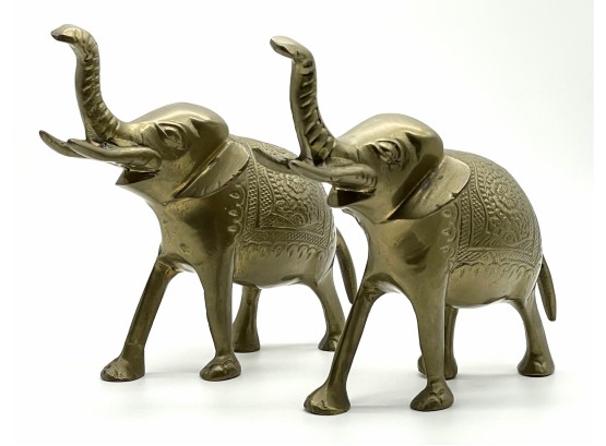 Pair Of Vintage Solid Brass Detailed Elephants