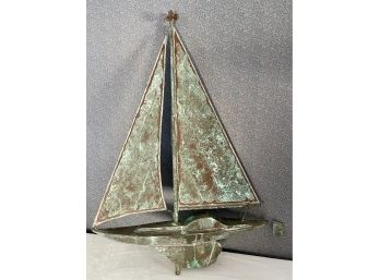 Stunning Vintage Full Bodied Copper Weathervane Sailboat With Great Matted Verdigris Patina