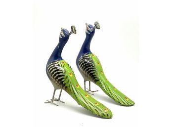 Colorful Pair Of Hand Carved & Painted Wooden Peacocks